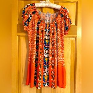 Madison Orange Patterned Stretchy Ruffle Top